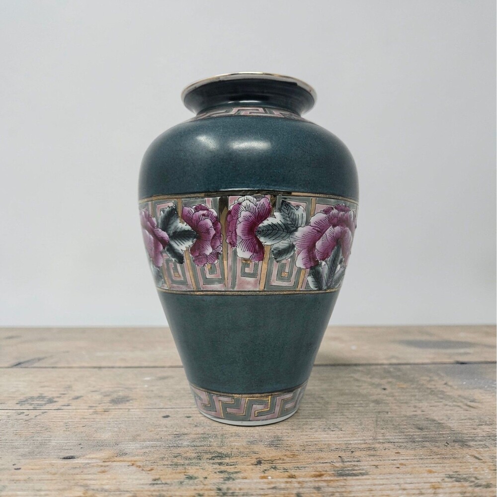 Vintage Japanese Style Porcelain‎ Vase Green Cloisonne Look Pink Floral 10"